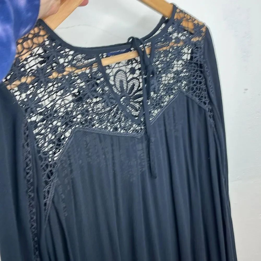 American Eagle Black Gothic Lace Yoke Tunic Dress Boho Romantic Long Sleeve Medi - Picture 10 of 14